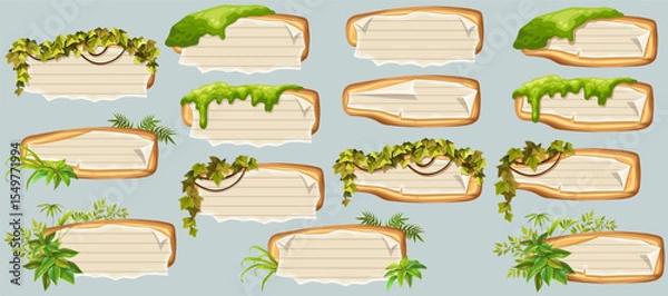 Obraz Wooden signboards with old paper, stems ivy, liana, grapes, vine, swamp moss, forest lichen. Set isolated wooden elements with blank, with school page in line, ragged graph paper. 