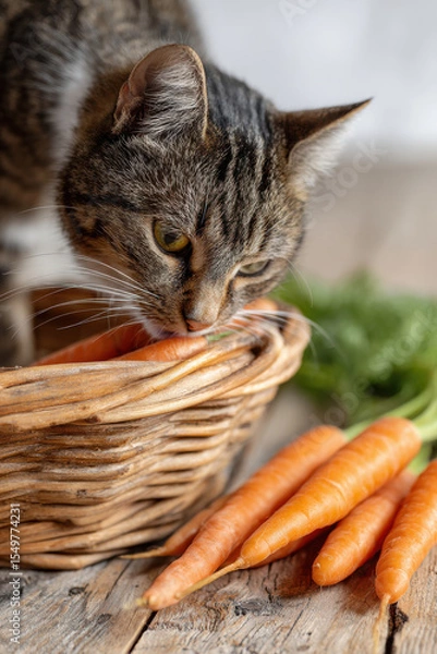 Fototapeta Curious cat sniffs fresh carrots from woven basket, surrounded by greenery, creating charming and playful scene