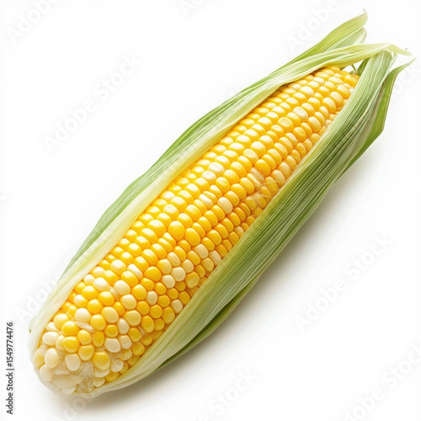 Obraz Close-up of a fresh ear of corn with husk partially peeled back isolated on white background