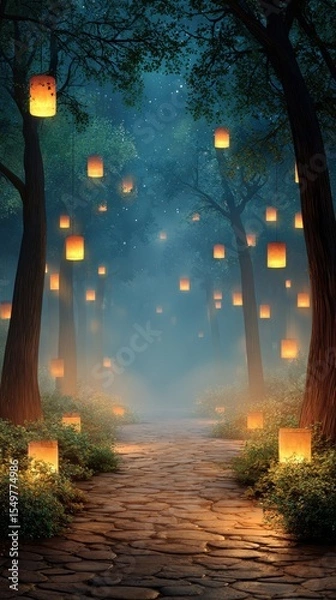 Obraz Enchanted forest path lined with floating lanterns, dreamy magical journey
