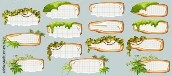 Obraz Wooden signboards with old paper, stems ivy, liana, grapes, vine, swamp moss, forest lichen. Set isolated wooden elements with blank, with ragged square graph paper, school math sheet. 