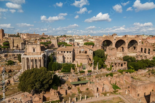 Fototapeta Top view of the Roman forum with architectural monuments of Ancient Rome. The panorama. Rome, Italy