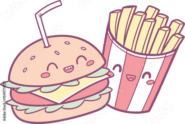 Fototapeta Cute kawaii food characters with burger fries donut and soda in pastel colors. Cartoon snack illustration collection with smiling fast food faces in flat style. Happy food doodle sticker set including