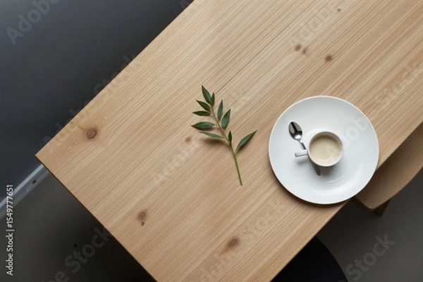 Fototapeta Minimalist Coffee Setup on Wooden Table with Green Leaf Accent