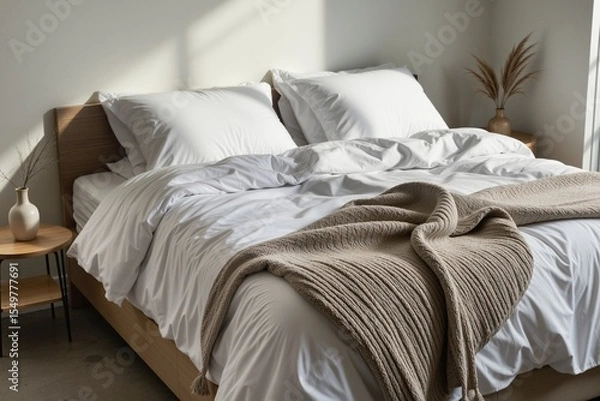 Fototapeta Cozy Bedroom with Soft Bedding and Natural Light on Minimalist Design