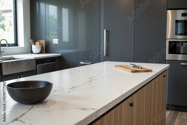 Fototapeta Modern Kitchen Design with Elegant Marble Countertop and Dark Cabinets