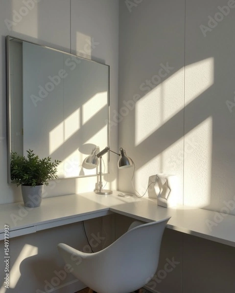 Fototapeta Bright and Airy Workspace with Desk and Modern Decor Elements