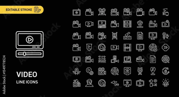 Fototapeta Extensive Video Production Line Icons 85+ Editable Stroke Vectors for Film, Media, and Broadcasting