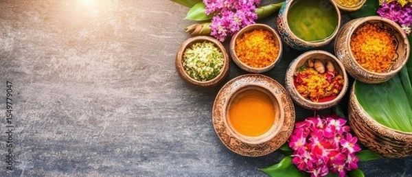 Fototapeta Colorful Spices and Herbs Displayed in Decorative Bowls on Table