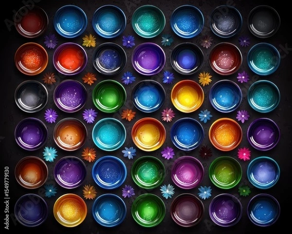 Fototapeta Colorful Bowls with Water and Flowers Arranged on Dark Surface