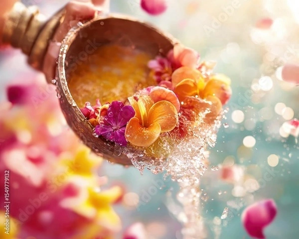 Fototapeta Coconut Bowl with Colorful Flowers and Water Splashing Effect