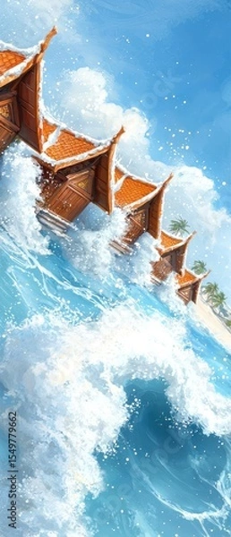 Fototapeta Serene Beachside Cottages with Turbulent Waves Under Bright Sky