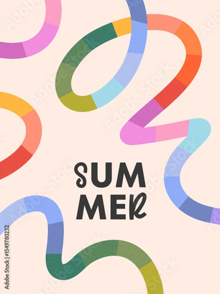 Fototapeta Summer abstract background with bright rainbow lines.Modern illustration with colorful shapes.Summer vacation banner in simple fun style.Vertical print for posters,banners,ad,covers,branding,fashion