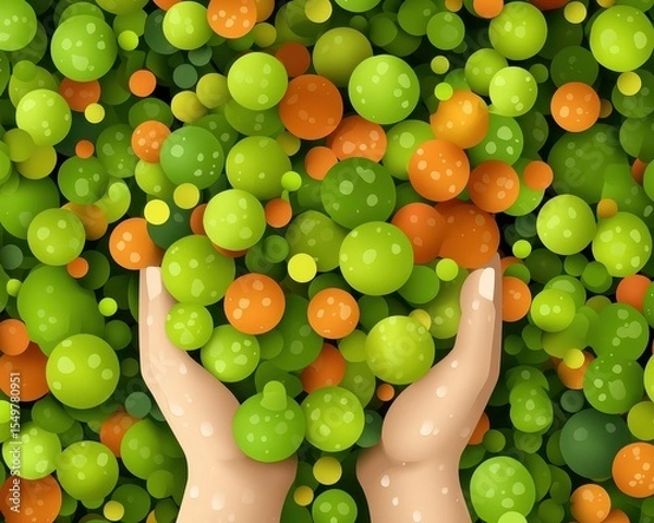 Fototapeta Hands Holding Colorful Orbs in a Vibrant Green and Orange Background