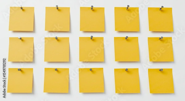 Fototapeta A collection of yellow sticky notes arranged on a clean white wall.  ai generated