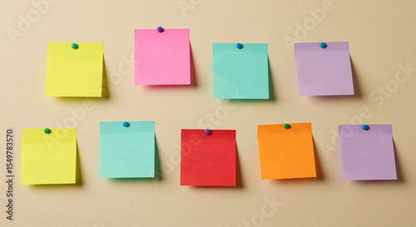 Fototapeta A wall covered with colorful sticky notes in various shapes and sizes. ai generated