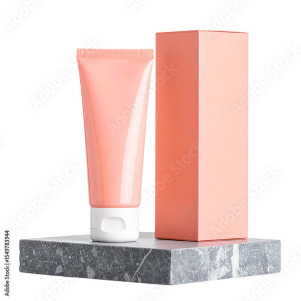Obraz  Minimalist Coral Skincare Set with Tube and Box on Stone Slab, isolated on transparent background PNG