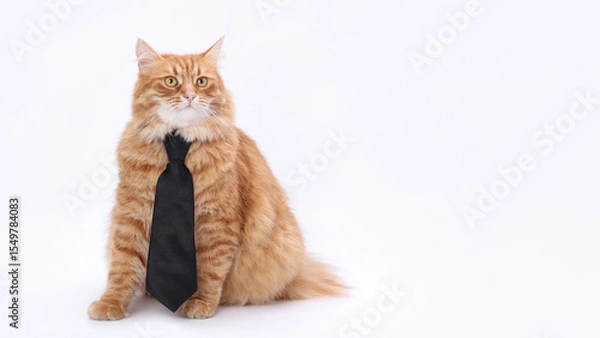 Fototapeta Ginger cat wearing black necktie sitting on white background. Studio portrait of stylish fluffy pet looking serious and elegant.