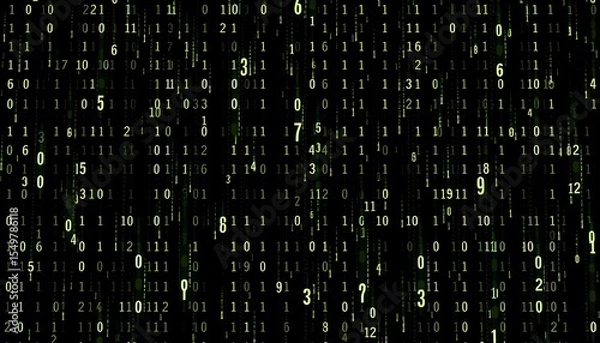 Fototapeta Abstract digital background of flowing numbers in a dark green and light green color scheme.