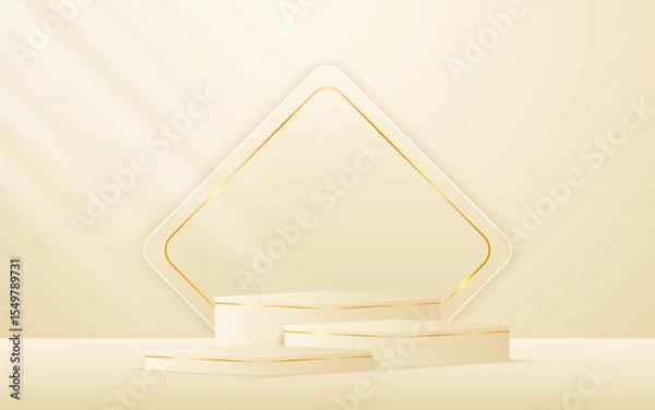 Fototapeta Multi-tiered cream podium with cream squares with elegant gold lines on the back for product presentation. Display of cosmetic products. Stage or podium. vector illustration