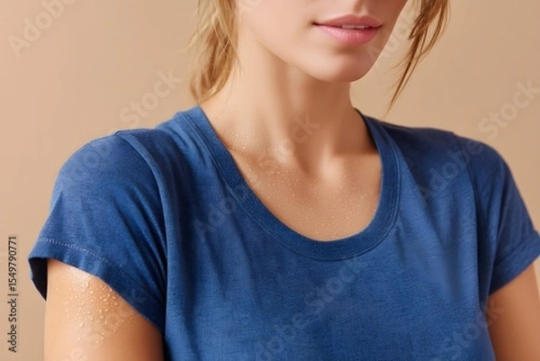 Obraz Sweating woman raising arm in plain blue T-shirt, clear underarm moisture visible, studio-lit background, excellent for hygiene awareness visuals or illustrating heat-related perspiration.
