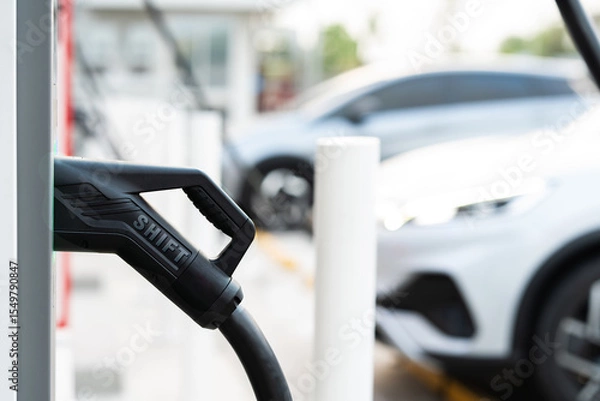 Fototapeta EV Charger Nozzle with "SHIFT" Text and Modern Electric Car Background