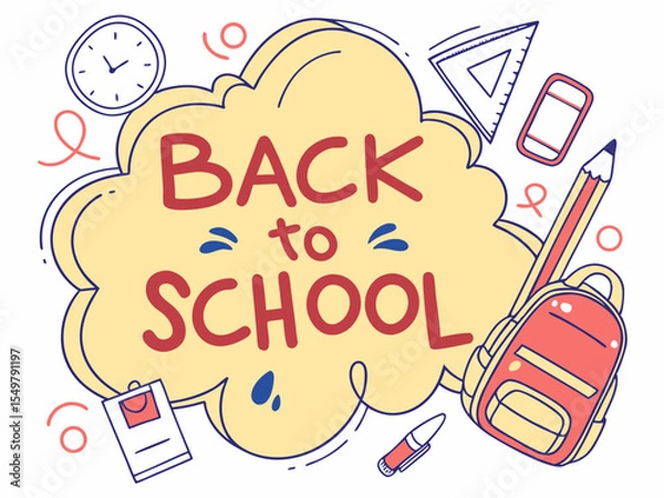 Fototapeta Back to school concept illustration with a modern flat design.  surrounded by school-related doodles. Bright, cheerful, and academic theme