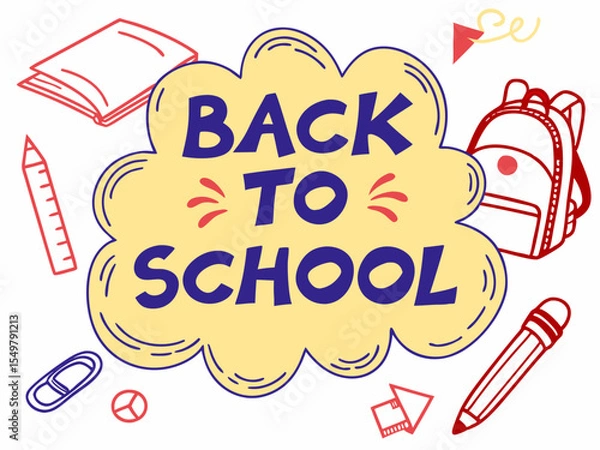 Fototapeta Back to school concept illustration with a modern flat design.  surrounded by school-related doodles. Bright, cheerful, and academic theme