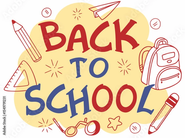 Fototapeta Back to school concept illustration with a modern flat design.  surrounded by school-related doodles. Bright, cheerful, and academic theme