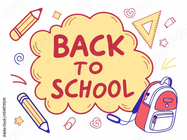 Fototapeta Back to school concept illustration with a modern flat design.  surrounded by school-related doodles. Bright, cheerful, and academic theme