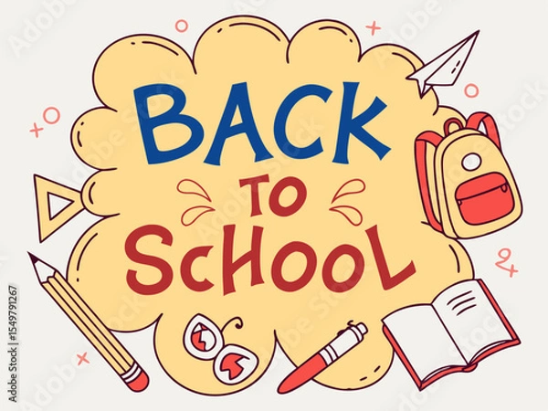 Fototapeta Back to school concept illustration with a modern flat design.  surrounded by school-related doodles. Bright, cheerful, and academic theme