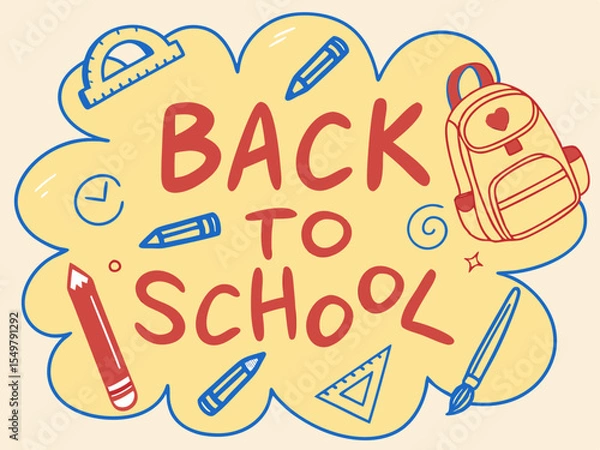 Fototapeta Back to school concept illustration with a modern flat design.  surrounded by school-related doodles. Bright, cheerful, and academic theme