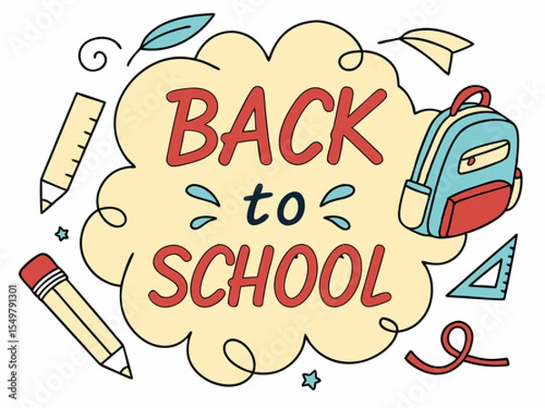 Fototapeta Back to school concept illustration with a modern flat design.  surrounded by school-related doodles. Bright, cheerful, and academic theme