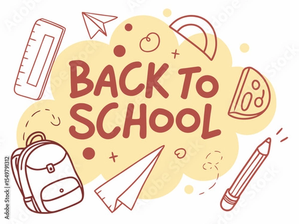 Fototapeta Back to school concept illustration with a modern flat design.  surrounded by school-related doodles. Bright, cheerful, and academic theme