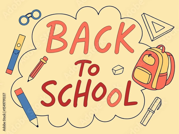 Fototapeta Back to school concept illustration with a modern flat design.  surrounded by school-related doodles. Bright, cheerful, and academic theme