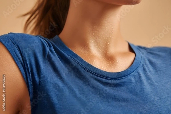 Obraz Perspiring woman post-exercise, showing neck glistening with fresh sweat. Great for fitness lifestyle, healthy habits, body care tutorials, or gym-related marketing visuals.