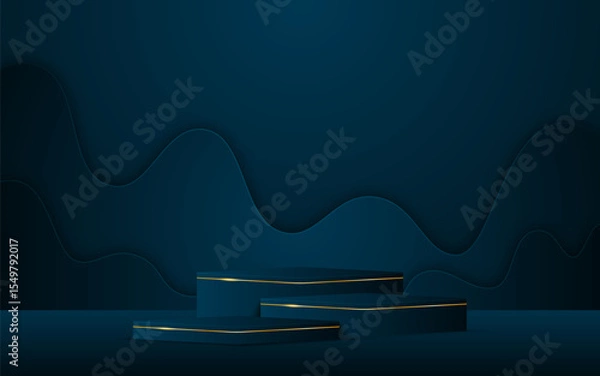 Fototapeta Blue podium with blue Paper cut on the back for product presentation. Display of cosmetic products. Stage or podium. vector illustration	