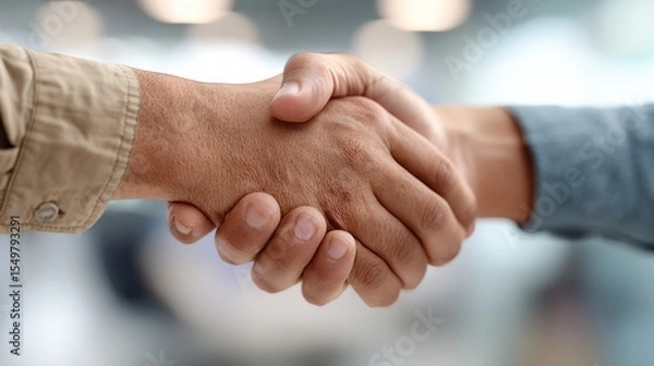 Fototapeta Close-up of two hands shaking in a blurred office background with soft lighting ideal for partnership visuals, business agreement concepts and human connection themed stock content