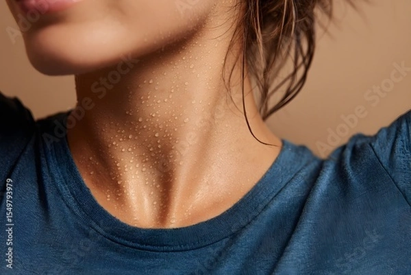 Obraz A close-up of a sweaty woman’s neck with water droplets after intense training indoors, showing moisture on skin and wet hair. Perfect for fitness, body care, or workout motivation visuals.