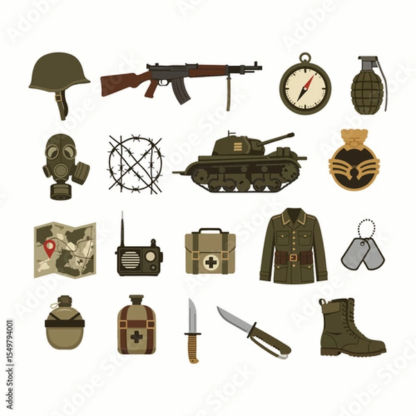 Fototapeta Set of object world war . military, gun, tank Illustrations of object. isolated object flat style 2D