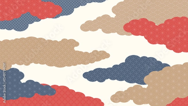 Obraz 16:9の背景素材：日本の伝統的な柄を集めた雲の形の風景
