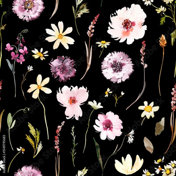 Fototapeta Delicate Wildflower Watercolor Seamless Pattern with Botanical Elements