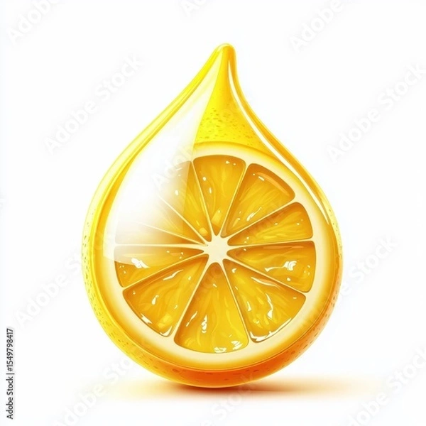 Fototapeta Refreshing lemon juice droplet with a bright yellow tint, isolated on white