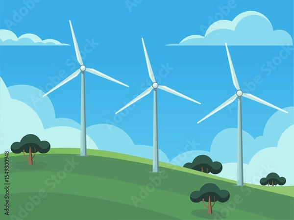 Fototapeta Wind turbines stand tall on grassy hill under bright blue sky with fluffy clouds, symbolizing renewable energy and sustainability. serene landscape includes scattered trees