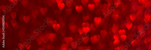 Fototapeta Red hearts, sparkling glitter bokeh background banner, valentines day abstract defocused texture header