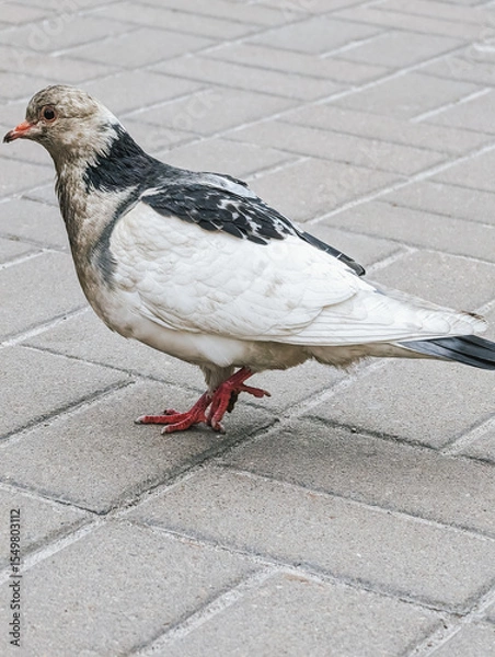 Fototapeta Spotted white and gray pigeon walking on pavement. Close-up of bird on urban surface