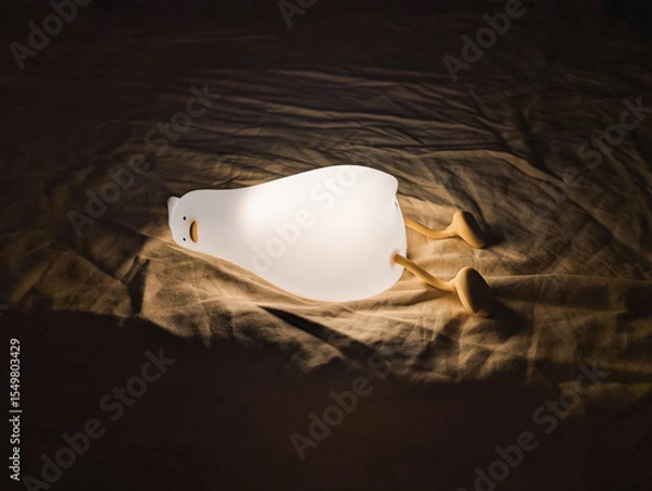 Fototapeta Duck-shaped lamp with soft glow lying on cozy blanket