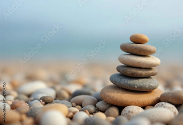 Fototapeta Stack of smooth pebbles balanced on a beach, symbolizing zen, balance, and mindfulness.