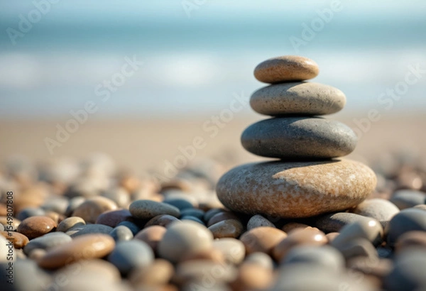 Fototapeta Stack of smooth pebbles balanced on a beach, symbolizing zen, balance, and mindfulness.