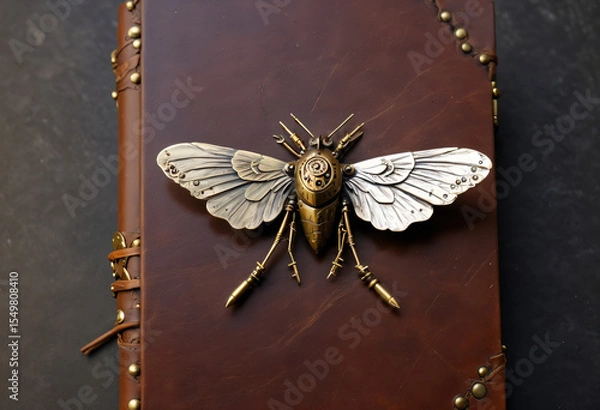 Fototapeta Steampunk-style metallic insect sculpture with mechanical details placed on a leather surface.